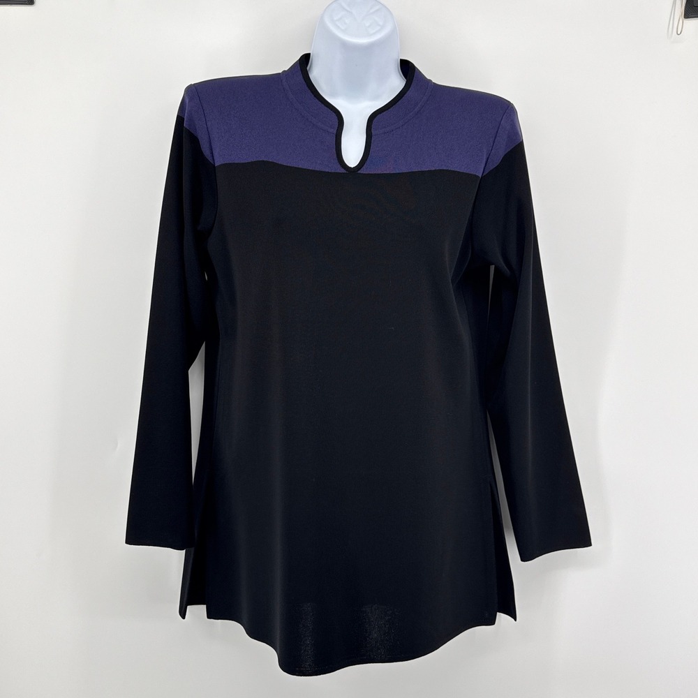 Exclusively Misook Knit Tunic Top Small Purple Black Colorblock Split Neck